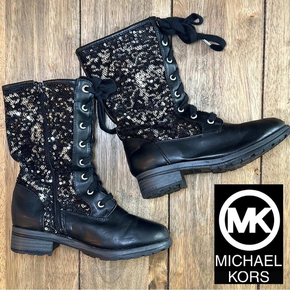 MICHAEL/Michael Kors Marcella Little Girls Black Silver Sequin Zip Lace Boot/13